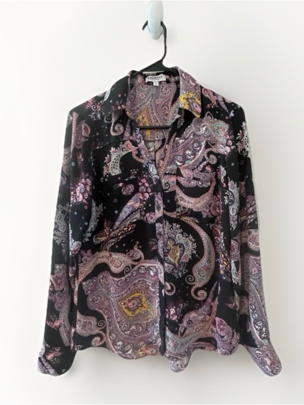 Express Black Paisley Shirt with Pink, Purple & Yellow Accents